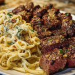 Garlic Butter Steak with Cheesy Linguine in Four-Cheese Sauce