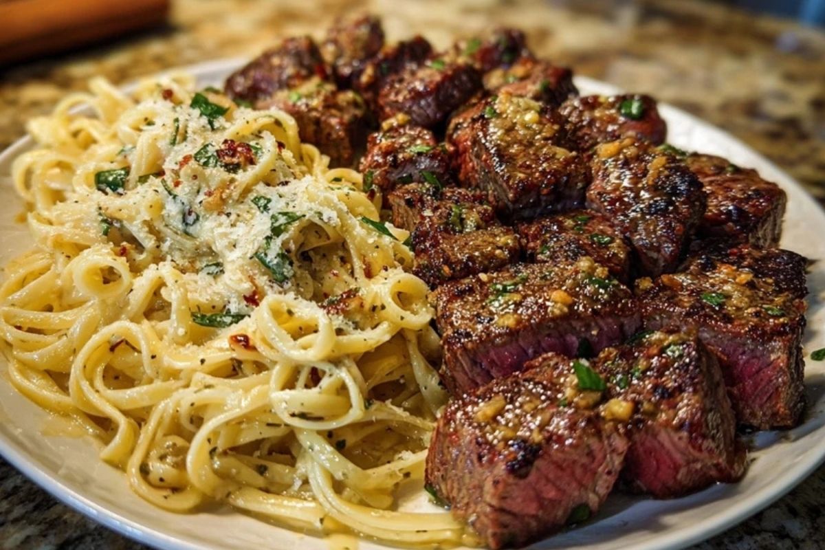 Garlic Butter Steak with Cheesy Linguine in Four-Cheese Sauce