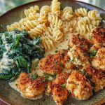 Garlic Parmesan Chicken Bites with Hot Cajun Alfredo & Crispy Spinach Twists