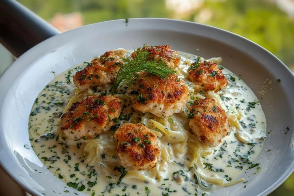 Herbed Chicken Alfredo with Truffle Feta Cream & Crispy Parmesan Leeks
