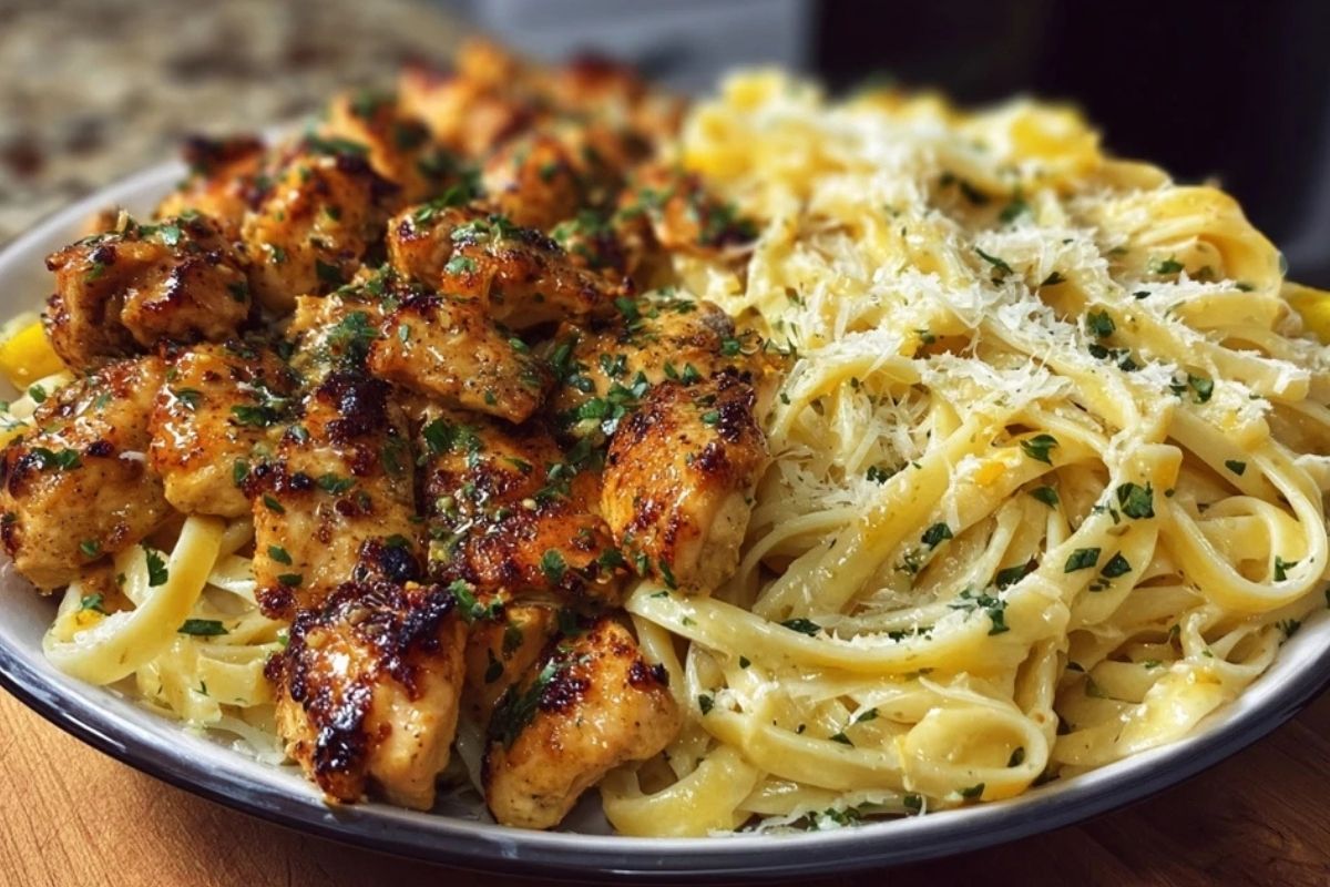 Lemon Garlic Butter Chicken Bites with Savory Parmesan Linguine
