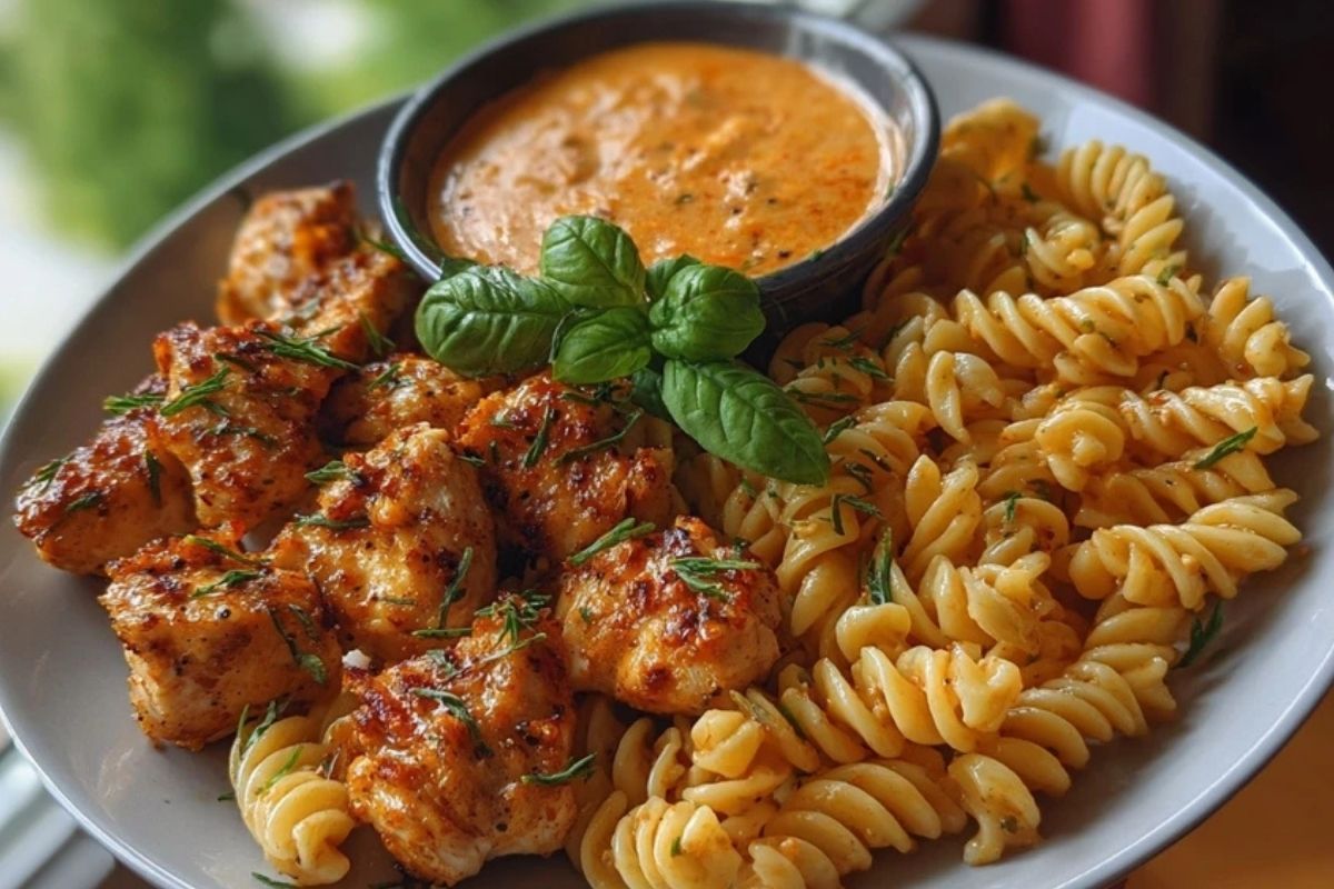 Lemon Pepper Chicken Bites & Roasted Red Pepper Cajun Alfredo Twists