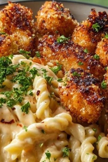 Parmesan Crusted Chicken Bites & Smoked Cajun Alfredo Gemelli
