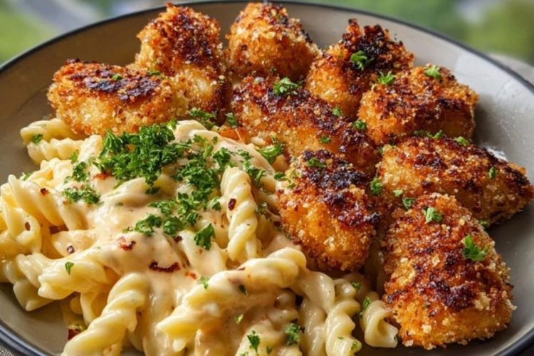 Parmesan Crusted Chicken Bites & Smoked Cajun Alfredo Gemelli