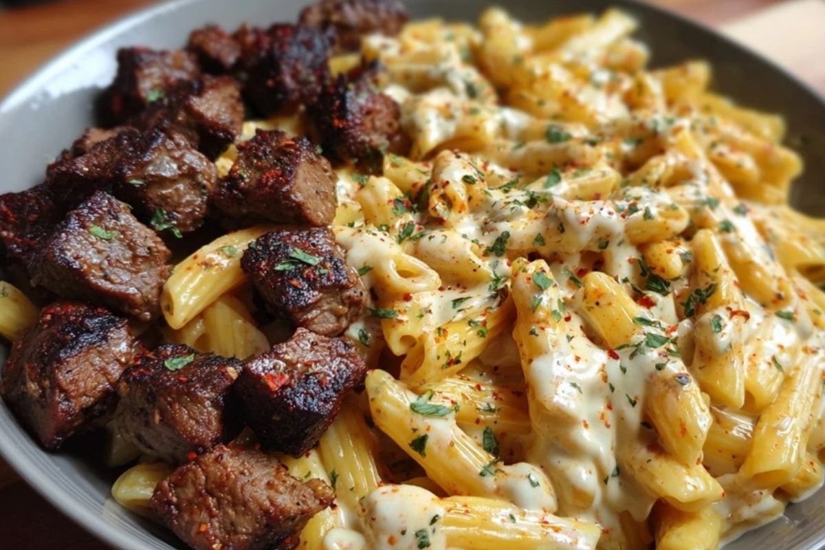 Penne with Creamy Velveeta Four-Cheese and Cajun Beef Bites