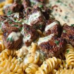 Steak Bites in Garlic Parmesan Sauce over Rotini