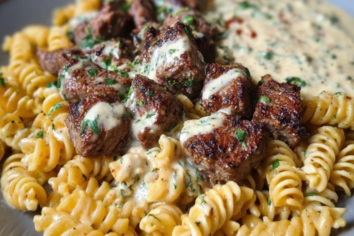 Steak Bites in Garlic Parmesan Sauce over Rotini