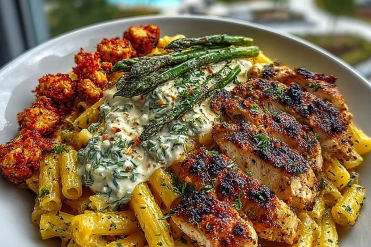 Zesty Greek Chicken Pasta with Spicy Harissa Feta Cream & Roasted Asparagus Crisps