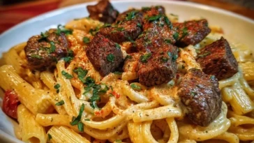 Cajun Garlic Butter Linguine with Tender Beef Strips Rigatoni 1