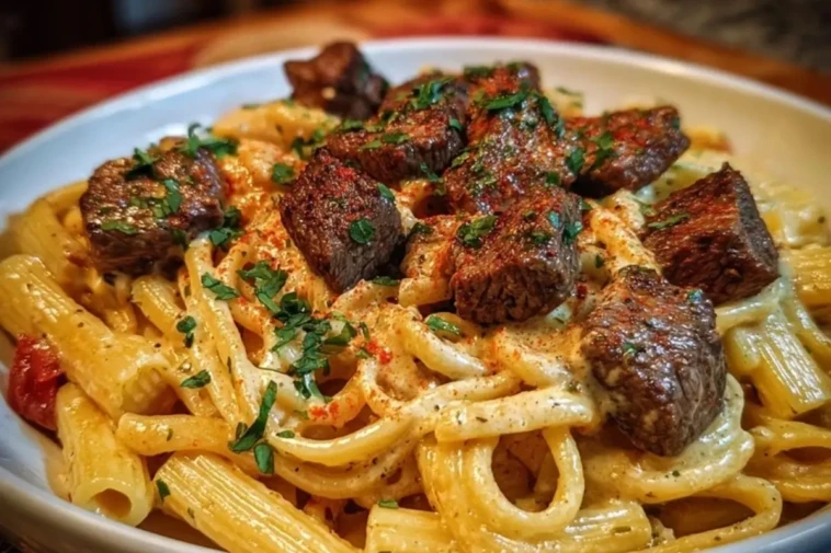Cajun Garlic Butter Linguine with Tender Beef Strips Rigatoni 1