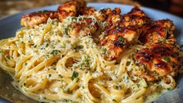 Cheesy Alfredo Linguine with Golden Garlic Butter Chicken in Creamy Sauce 1