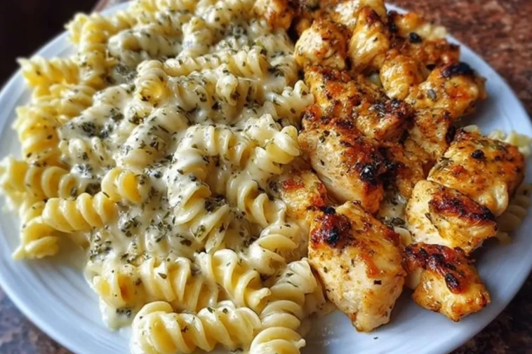 Cheesy Alfredo Twisted Pasta with Golden Garlic Butter Chicken in Creamy Sauce 1