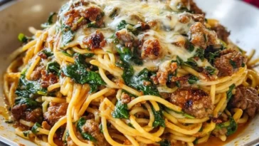 Cheesy Garlic Butter Spaghetti with Italian Sausage & Spinach 1