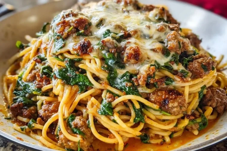 Cheesy Garlic Butter Spaghetti with Italian Sausage & Spinach 1