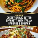 Cheesy Garlic Butter Spaghetti with Italian Sausage & Spinach Pin