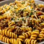 Cheesy Rotini Pasta with Garlic Butter Sauce and Ground Beef 1do with Chili Feta Cream & Crispy Parmesan Green Beans 1