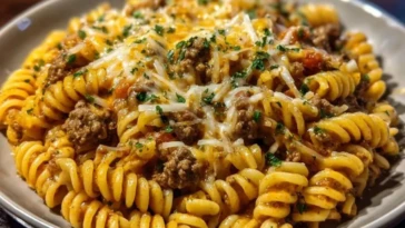 Cheesy Rotini Pasta with Garlic Butter Sauce and Ground Beef 1do with Chili Feta Cream & Crispy Parmesan Green Beans 1