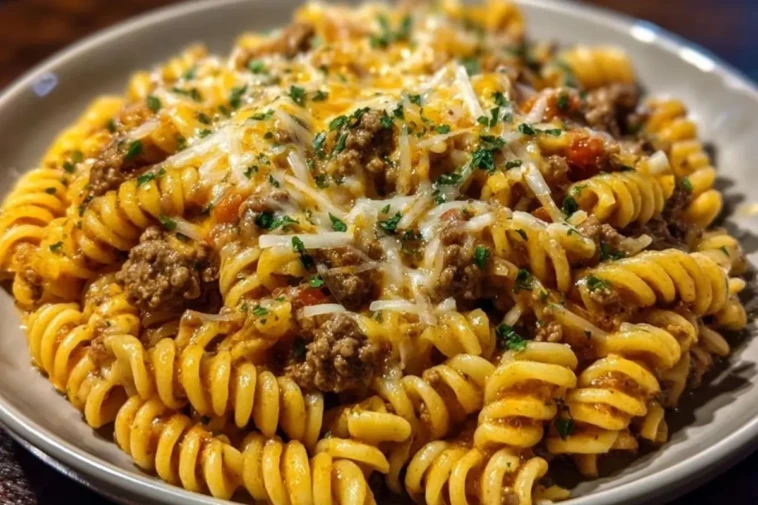 Cheesy Rotini Pasta with Garlic Butter Sauce and Ground Beef 1do with Chili Feta Cream & Crispy Parmesan Green Beans 1
