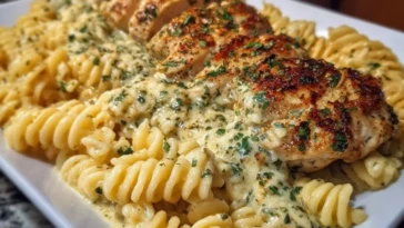 Cheesy Twisted Pasta with Creamy Garlic Parmesan Chicken 1