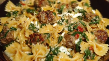 Creamy Garlic Butter Beef Bowtie Pasta with Italian Sausage & Spinach 1