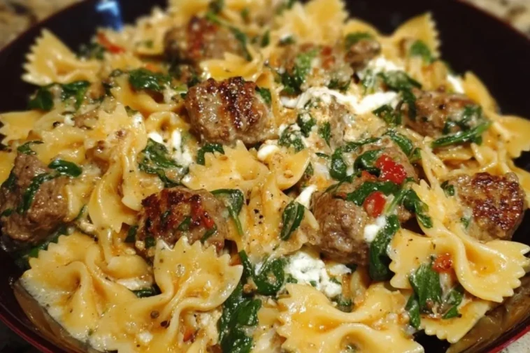 Creamy Garlic Butter Beef Bowtie Pasta with Italian Sausage & Spinach 1