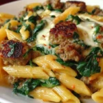 Creamy Garlic Butter Beef Penne with Sausage and Spinach 1