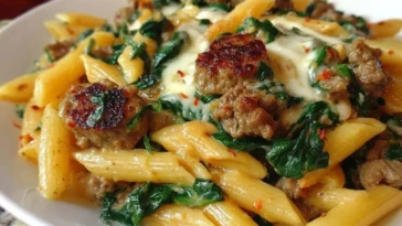 Creamy Garlic Butter Beef Penne with Sausage and Spinach 1