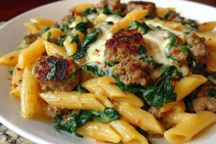 Creamy Garlic Butter Beef Penne with Sausage and Spinach 1