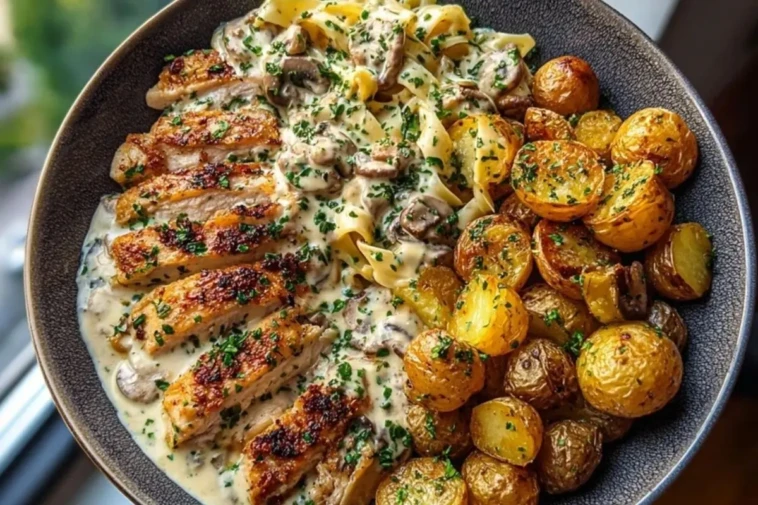 Creamy Mushroom Garlic Chicken Alfredo & Hot Honey Roasted Potatoes 1