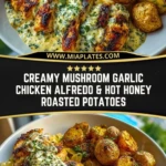 Creamy Mushroom Garlic Chicken Alfredo & Hot Honey Roasted Potatoes Pin