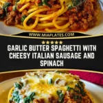 Garlic Butter Spaghetti with Cheesy Italian Sausage and Spinach Pin