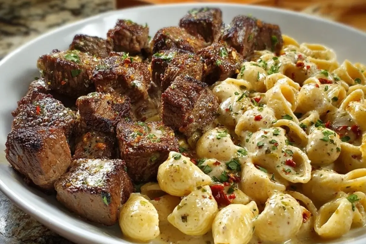 Garlic Butter Steak Bites & Creamy Chipotle White Cheddar Shells