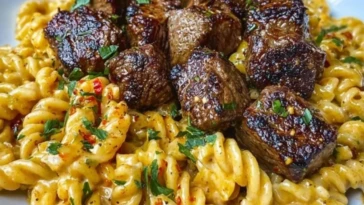 Garlic Butter Steak Bites with Spicy Cajun Alfredo Twisted Pasta 1