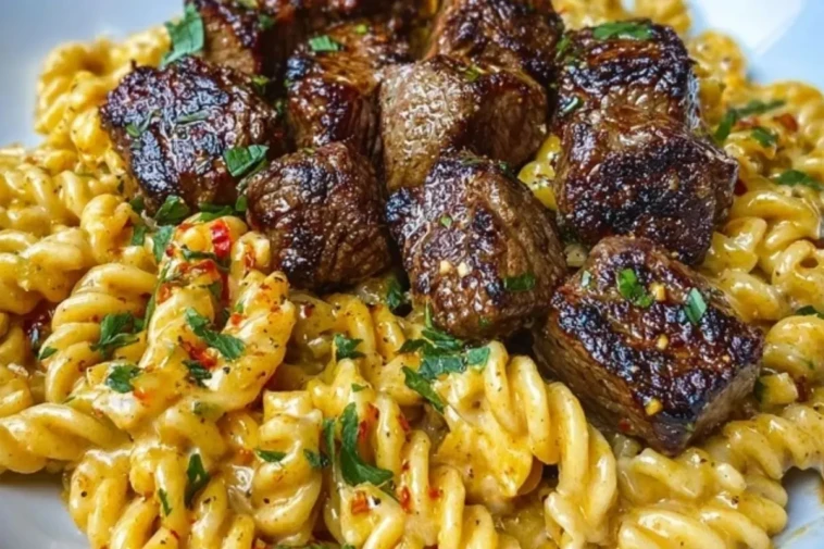 Garlic Butter Steak Bites with Spicy Cajun Alfredo Twisted Pasta 1