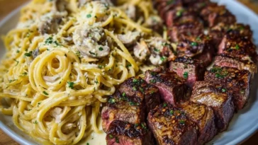 Garlic Butter Steak with Cheesy Linguine in Four-Cheese Sauce 1