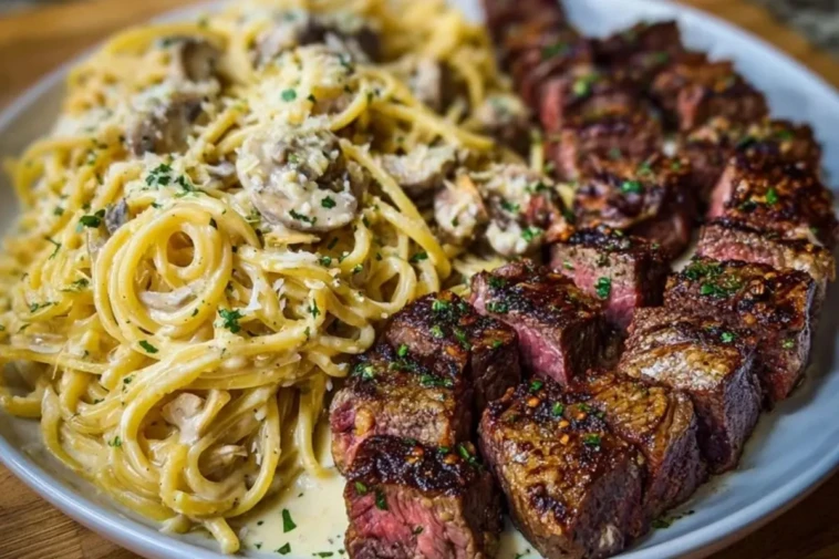 Garlic Butter Steak with Cheesy Linguine in Four-Cheese Sauce 1