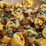 Garlic Butter Tortellini in Creamy Sauce with Beef, Italian Sausage & Spinach