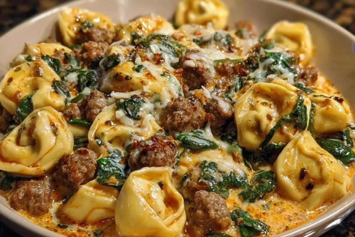 Garlic Butter Tortellini in Creamy Sauce with Beef, Italian Sausage & Spinach