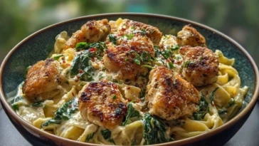 Garlic Chicken Bites & Creamy Cajun Spinach Artichoke Alfredo Pasta 1