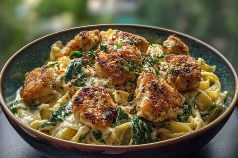 Garlic Chicken Bites & Creamy Cajun Spinach Artichoke Alfredo Pasta 1