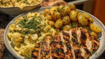 Greek Chicken Alfredo & Garlic Potatoes with Spicy Hot Honey Tahini Pesto 1
