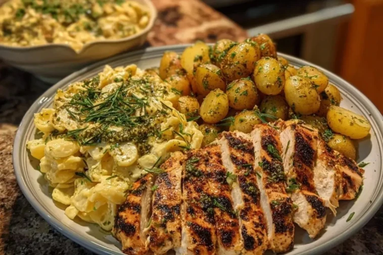 Greek Chicken Alfredo & Garlic Potatoes with Spicy Hot Honey Tahini Pesto 1