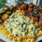 Hot Honey Cajun Chicken Alfredo with Basil Feta Swirl & Crispy Brussels Chips 1