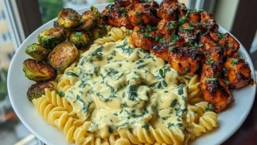 Hot Honey Cajun Chicken Alfredo with Basil Feta Swirl & Crispy Brussels Chips 1