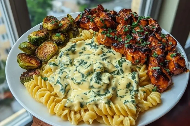Hot Honey Cajun Chicken Alfredo with Basil Feta Swirl & Crispy Brussels Chips 1