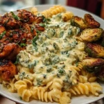 Hot Honey Cajun Chicken Alfredo with Basil Feta Swirl & Crispy Brussels Chips 1