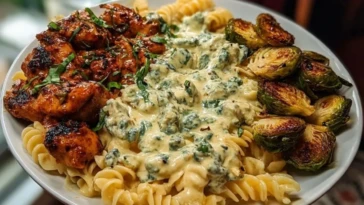 Hot Honey Cajun Chicken Alfredo with Basil Feta Swirl & Crispy Brussels Chips 1