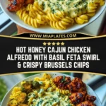 Hot Honey Cajun Chicken Alfredo with Basil Feta Swirl & Crispy Brussels Chips Pin