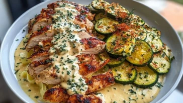 Lemon Dill Chicken Alfredo with Roasted Red Pepper Whipped Feta & Crispy Parmesan Zucchini 1