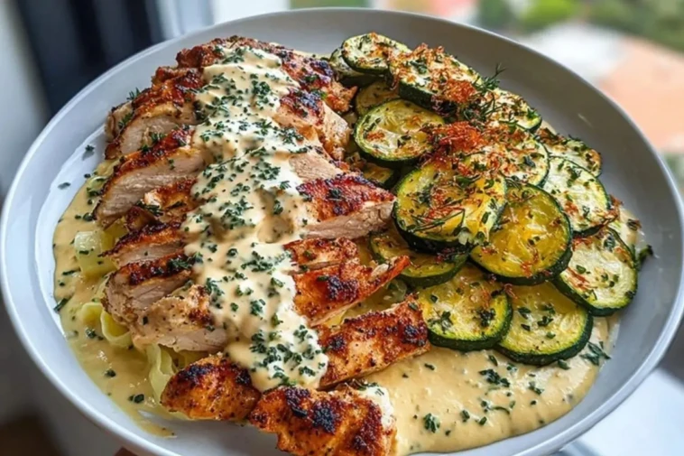 Lemon Dill Chicken Alfredo with Roasted Red Pepper Whipped Feta & Crispy Parmesan Zucchini 1